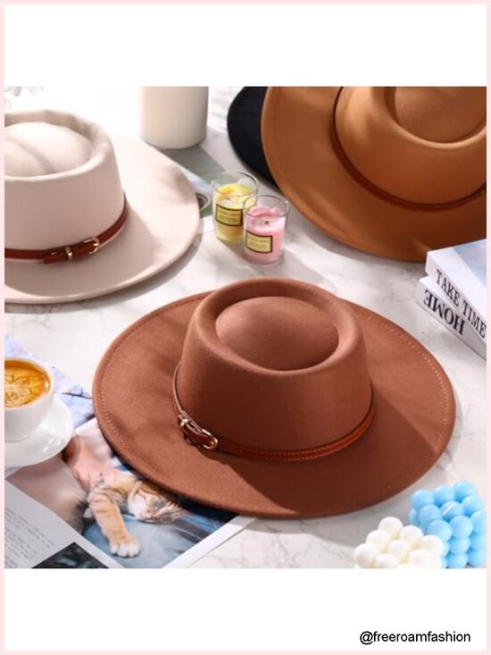 Wide Brim Felt Hat with Belt Buckle Vintage Boho Jazz Hat main image 4
